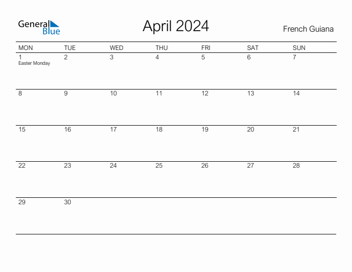 Printable April 2024 Calendar for French Guiana