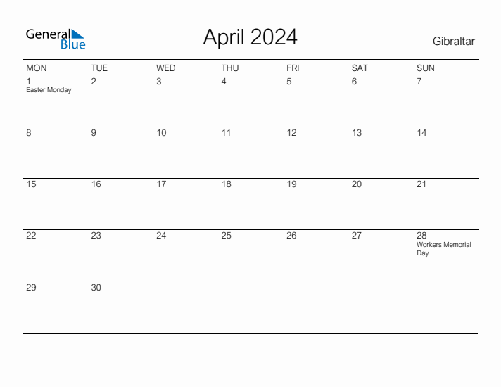 Printable April 2024 Calendar for Gibraltar