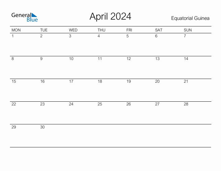 Printable April 2024 Calendar for Equatorial Guinea