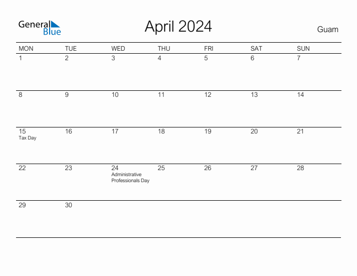 Printable April 2024 Calendar for Guam