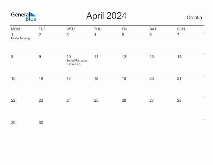 Printable April 2024 Calendar for Croatia