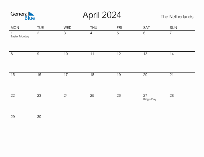 Printable April 2024 Calendar for The Netherlands