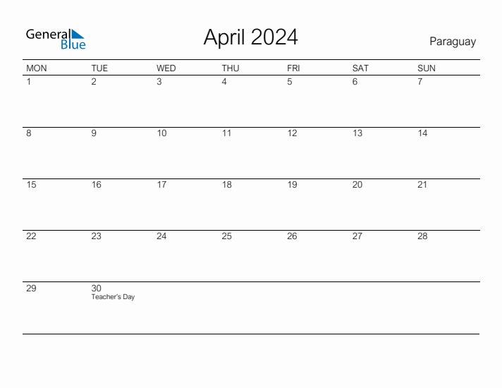 Printable April 2024 Calendar for Paraguay