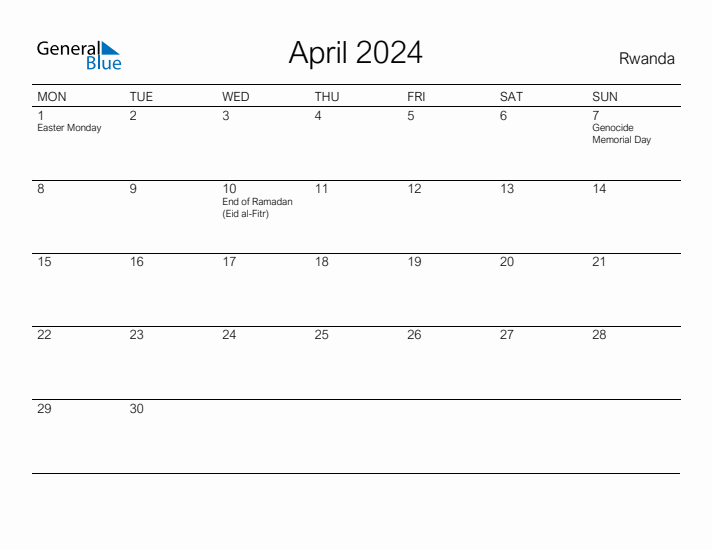 Printable April 2024 Calendar for Rwanda