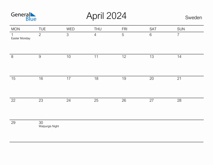 Printable April 2024 Calendar for Sweden