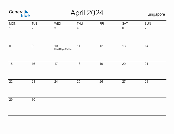 Printable April 2024 Calendar for Singapore