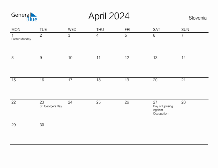 Printable April 2024 Calendar for Slovenia