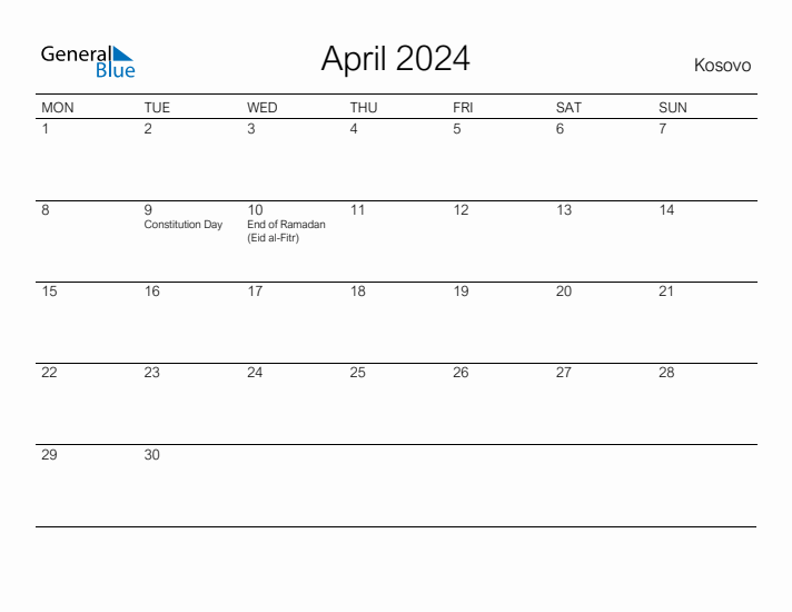 Printable April 2024 Calendar for Kosovo