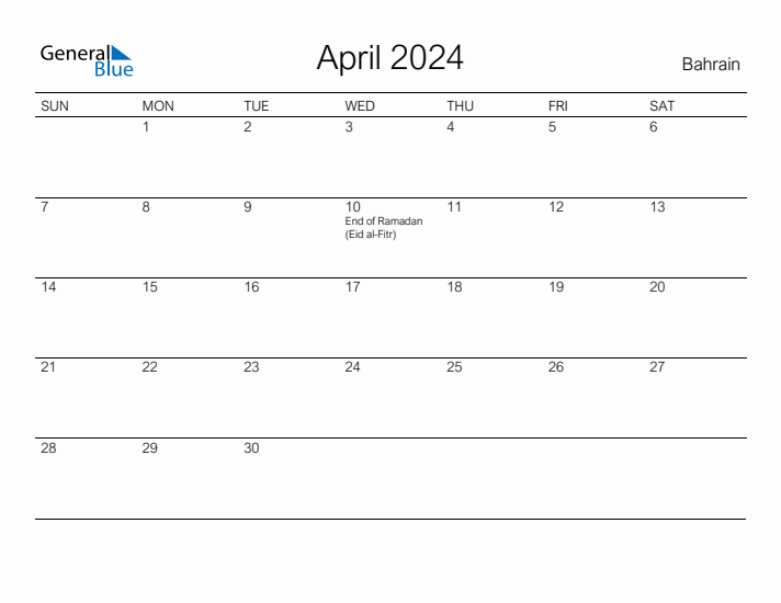 Printable April 2024 Calendar for Bahrain