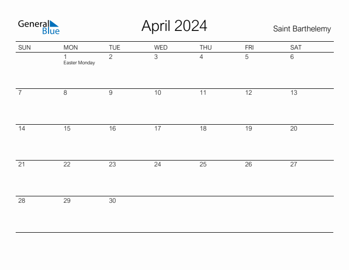 Printable April 2024 Calendar for Saint Barthelemy