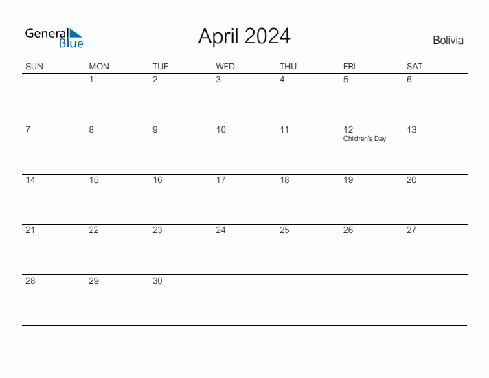 Printable April 2024 Calendar for Bolivia