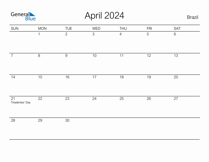 Printable April 2024 Calendar for Brazil