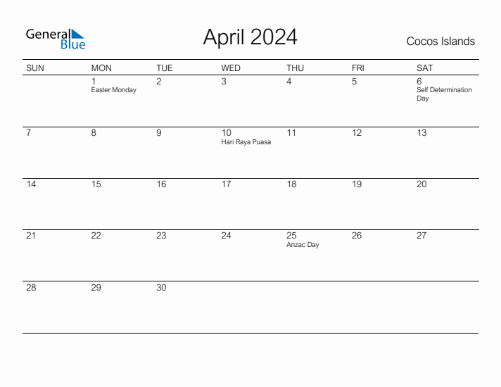 Printable April 2024 Calendar for Cocos Islands