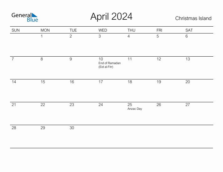 Printable April 2024 Calendar for Christmas Island