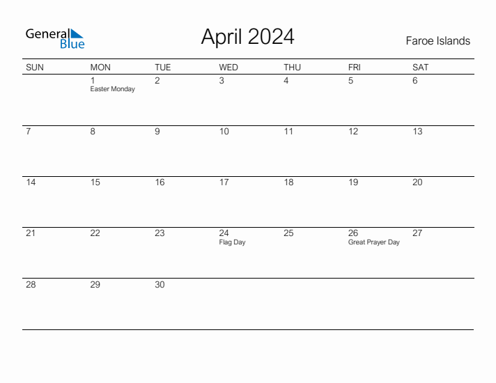 Printable April 2024 Calendar for Faroe Islands