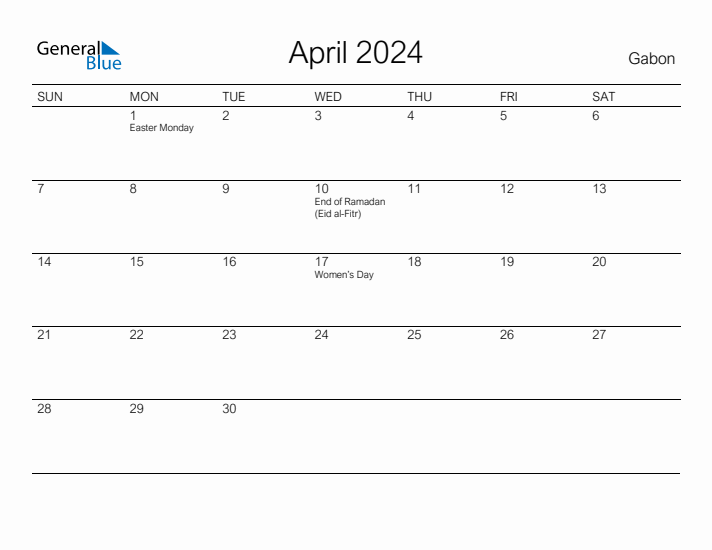 Printable April 2024 Calendar for Gabon