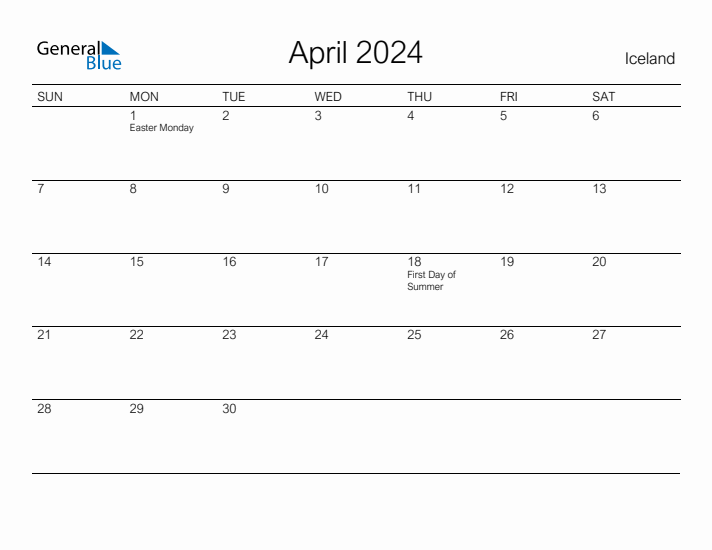 Printable April 2024 Calendar for Iceland