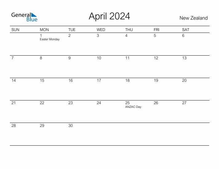 Printable April 2024 Calendar for New Zealand