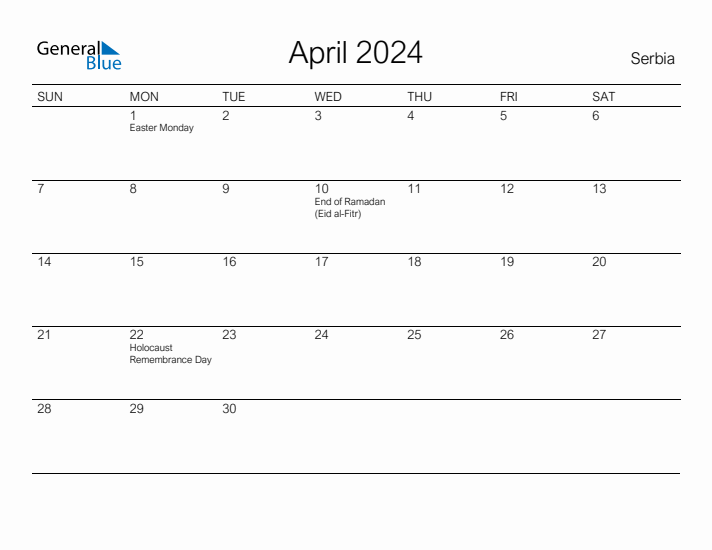 Printable April 2024 Calendar for Serbia