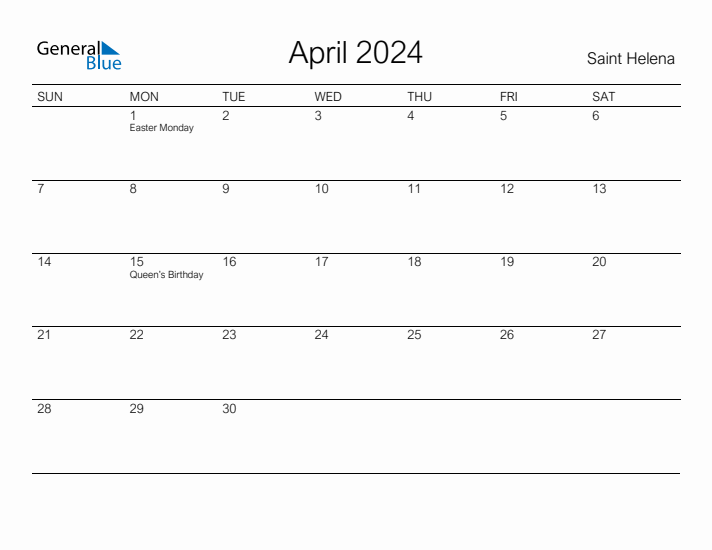 Printable April 2024 Calendar for Saint Helena