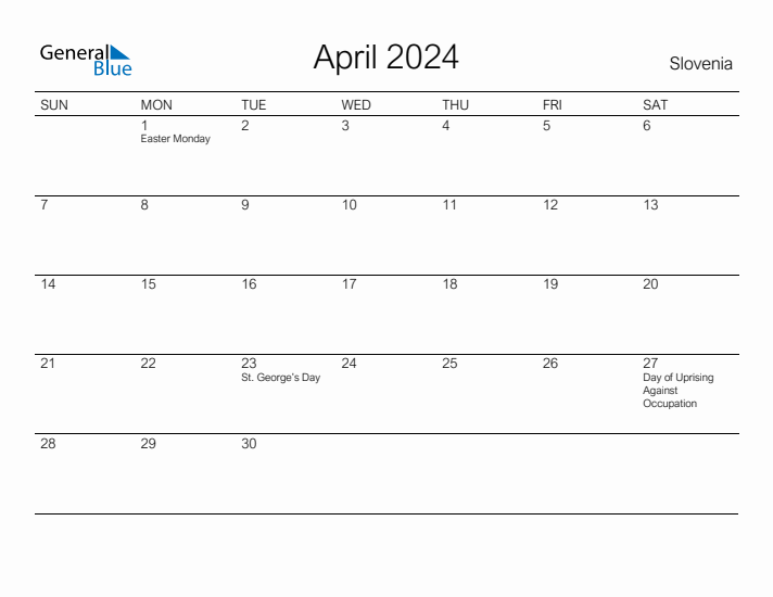 Printable April 2024 Calendar for Slovenia