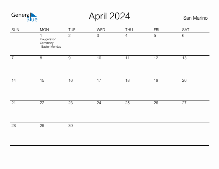 Printable April 2024 Calendar for San Marino