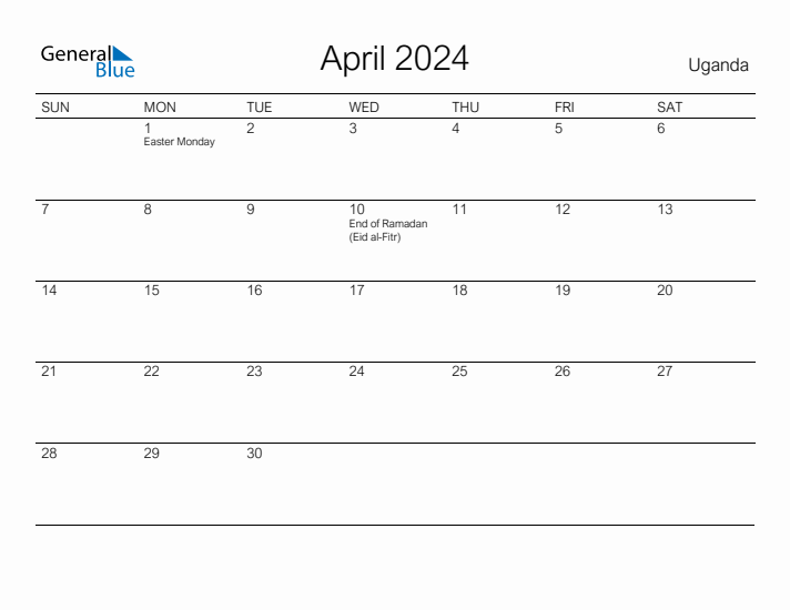 Printable April 2024 Calendar for Uganda