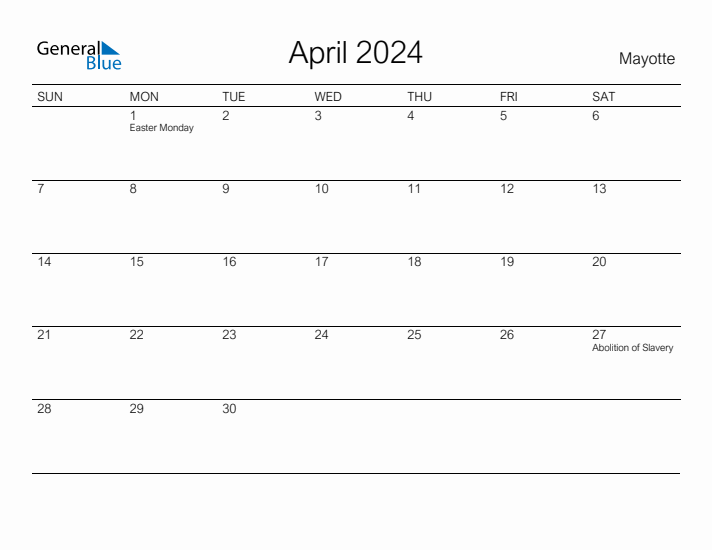 Printable April 2024 Calendar for Mayotte