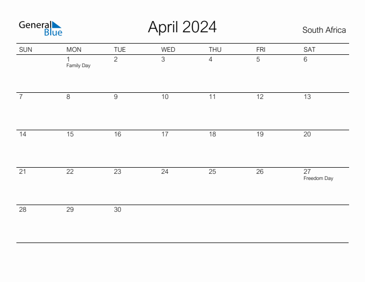 Printable April 2024 Calendar for South Africa