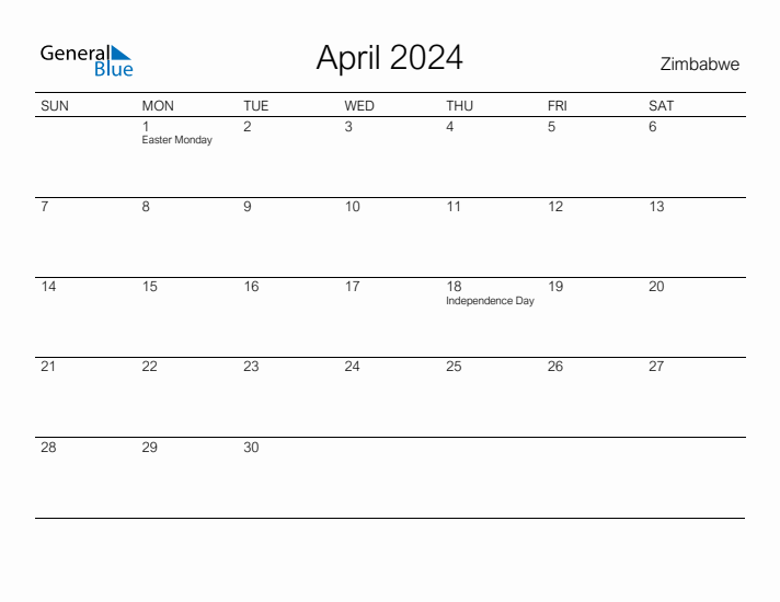 Printable April 2024 Calendar for Zimbabwe