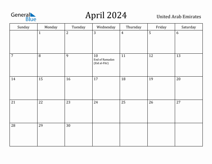 April 2024 Calendar United Arab Emirates