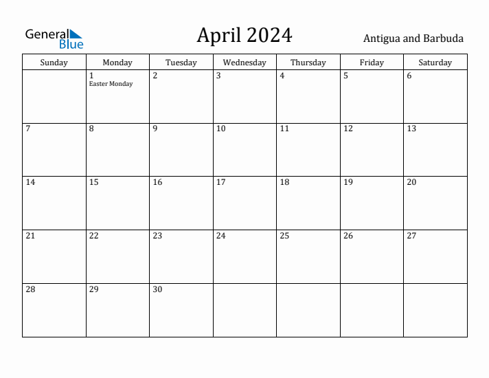 April 2024 Calendar Antigua and Barbuda