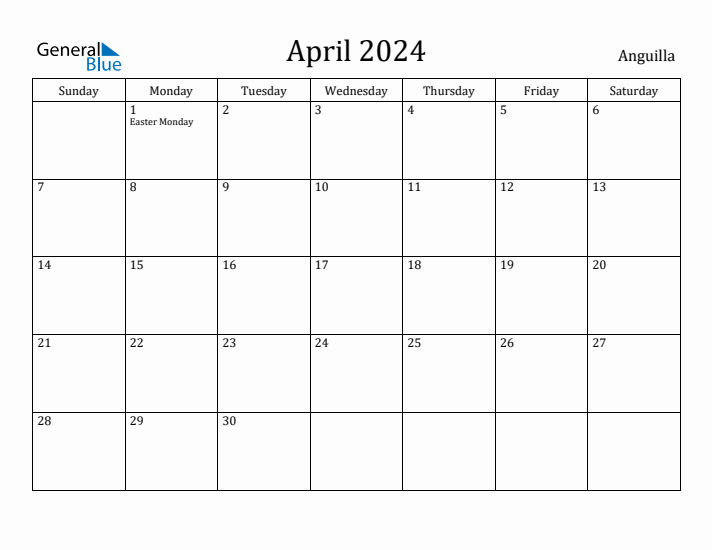 April 2024 Calendar Anguilla