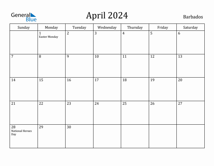 April 2024 Calendar Barbados