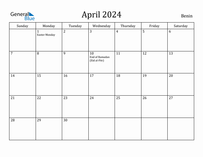 April 2024 Calendar Benin