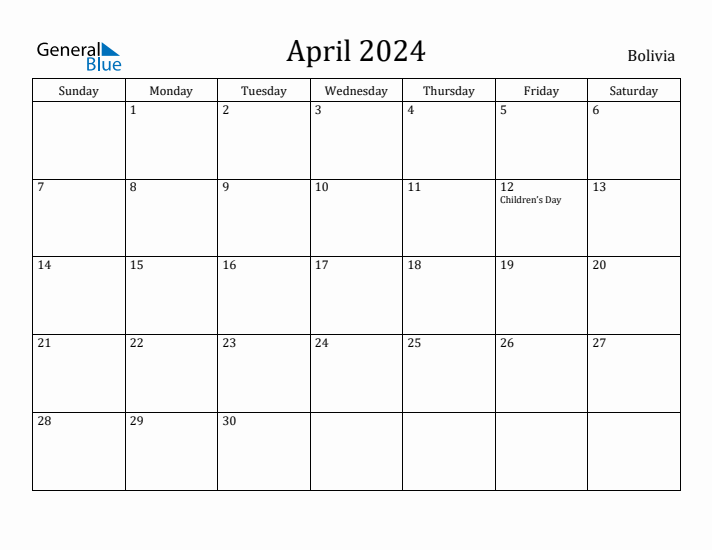 April 2024 Calendar Bolivia