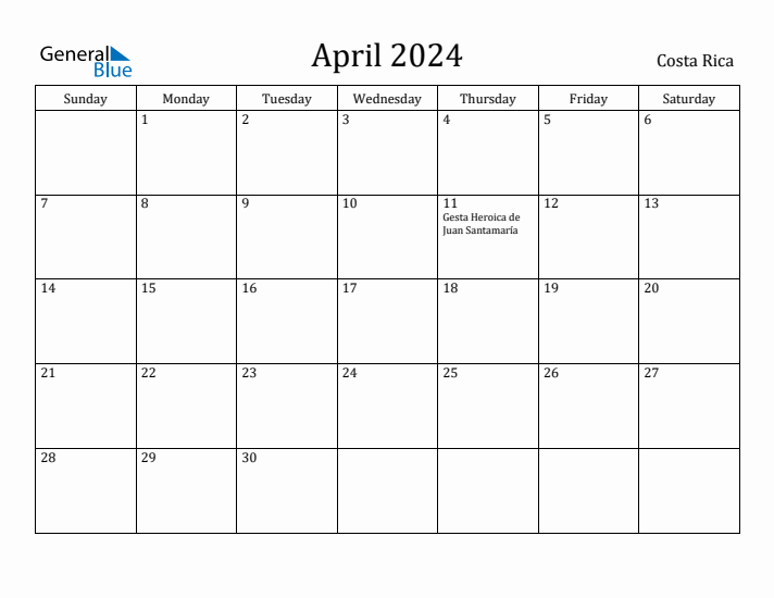 April 2024 Calendar Costa Rica