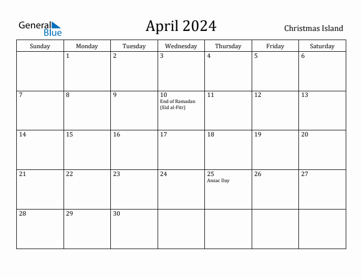 April 2024 Calendar Christmas Island