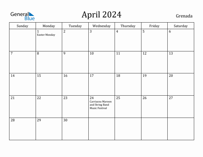 April 2024 Calendar Grenada