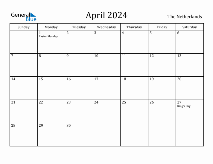 April 2024 Calendar The Netherlands