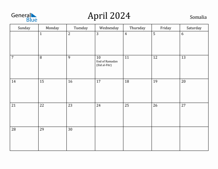 April 2024 Calendar Somalia