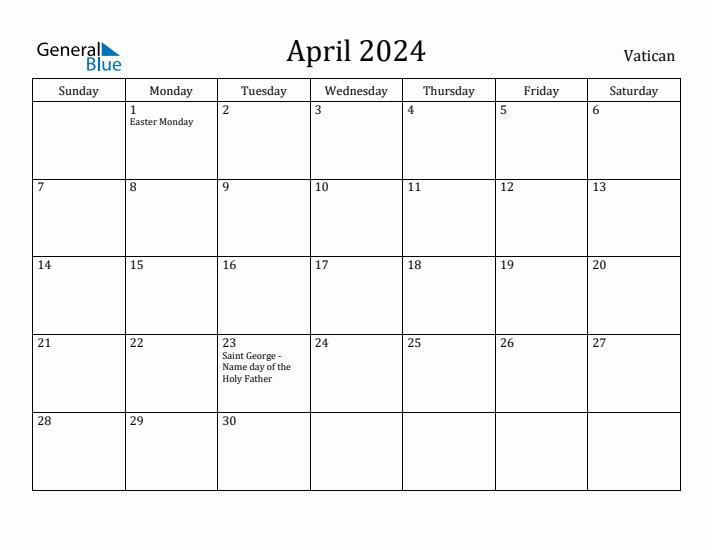 April 2024 Calendar Vatican