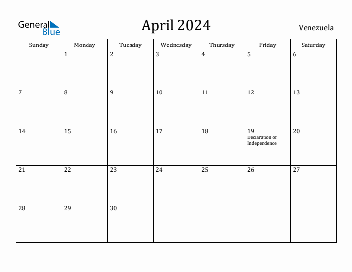 April 2024 Calendar Venezuela