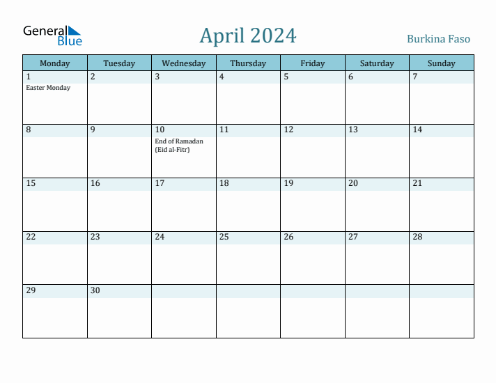 April 2024 Calendar with Holidays