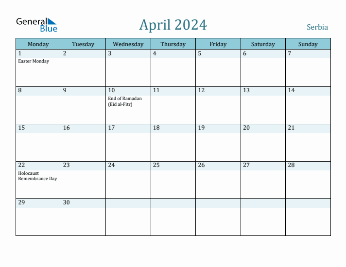 April 2024 Calendar with Holidays