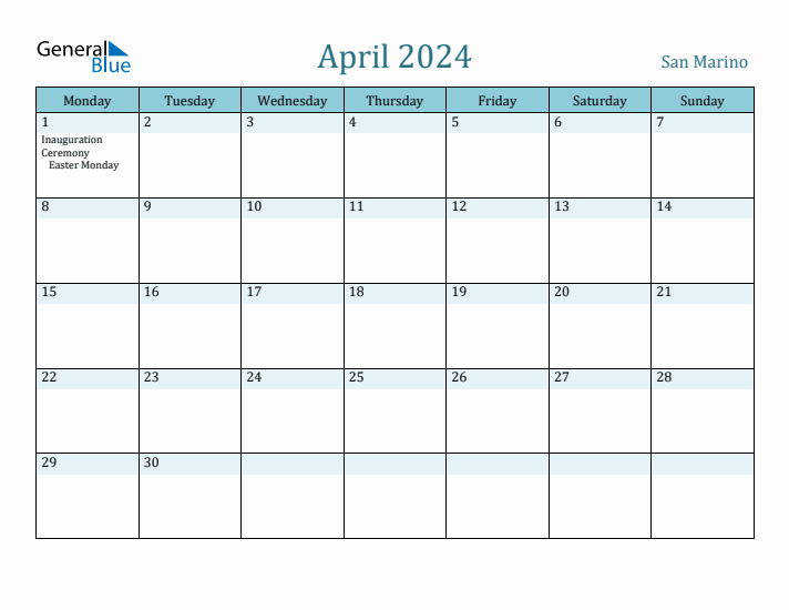 April 2024 Calendar with Holidays