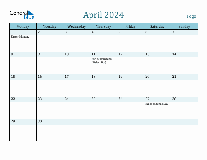 April 2024 Calendar with Holidays