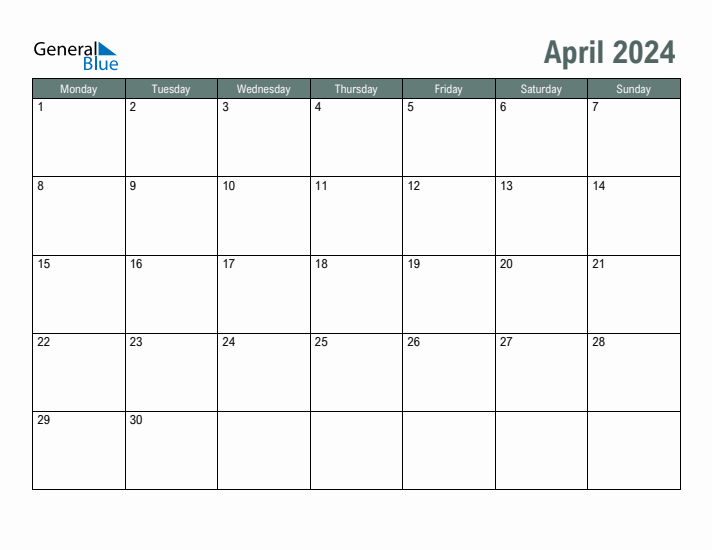 Free Printable April 2024 Calendar