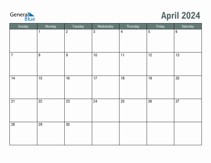 Free Printable April 2024 Calendar