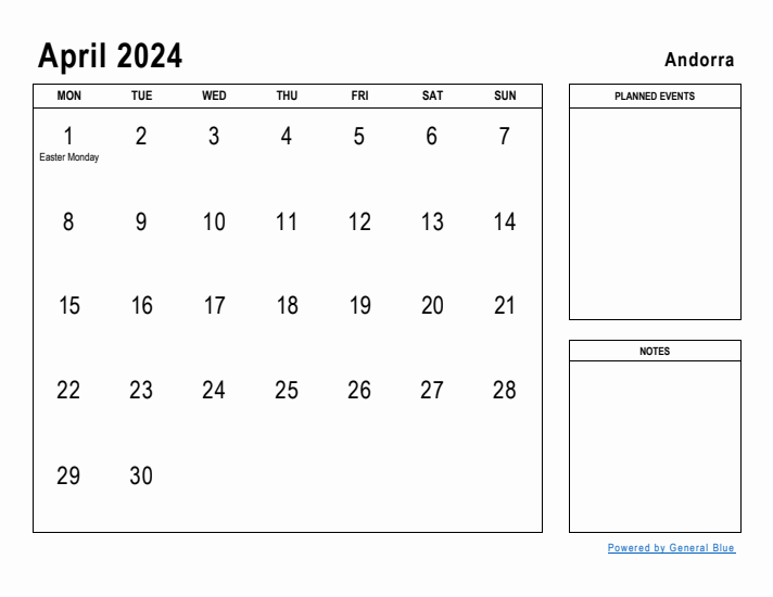 April 2024 Printable Monthly Calendar with Andorra Holidays